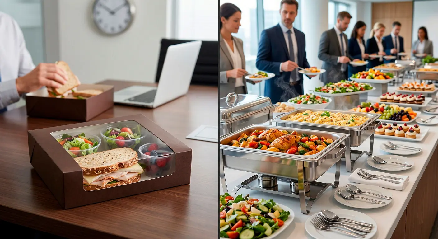 Box lunch vs buffet: learn which catering style works best for office meetings based on space, timing, and workplace logistics.