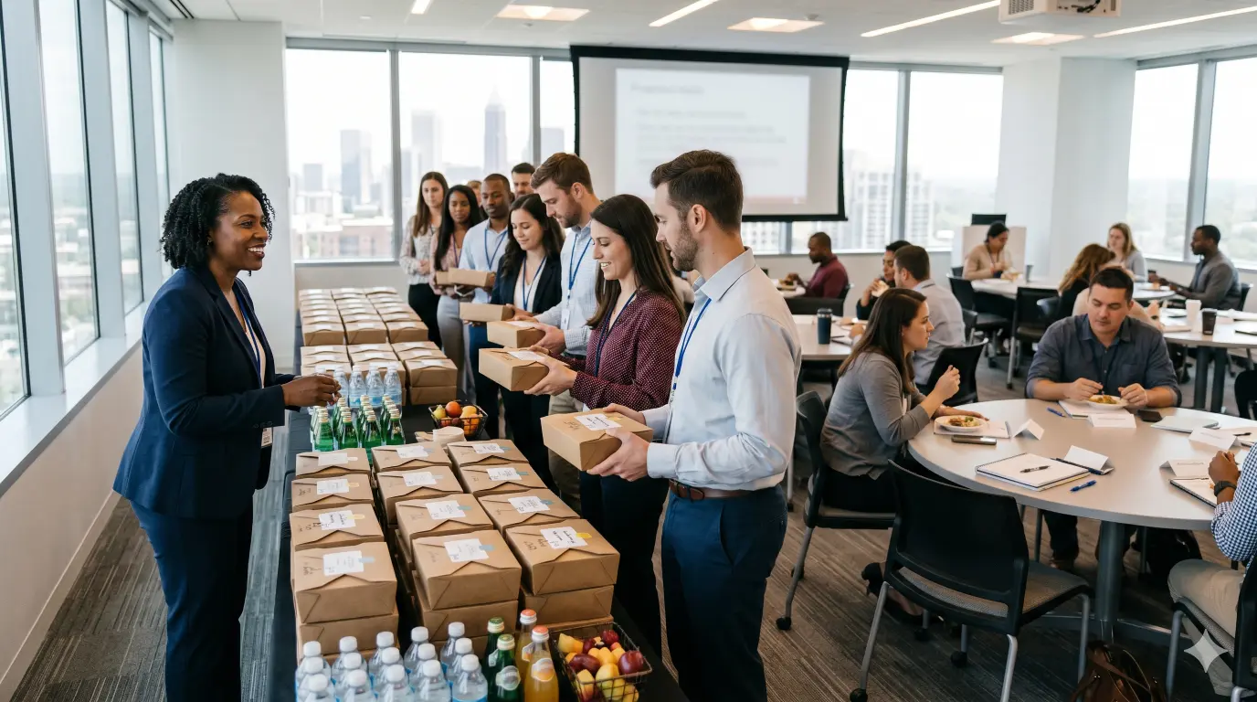 Home Plan catering for training day events without downtime. Learn how to feed 50 people with boxed lunches, labeling, room layout, and more.