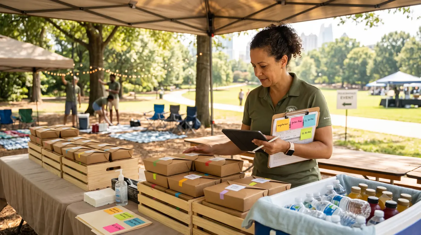 Plan outdoor event catering with safer timing, smarter packaging, beverage planning, and boxed lunch logistics for Atlanta events.