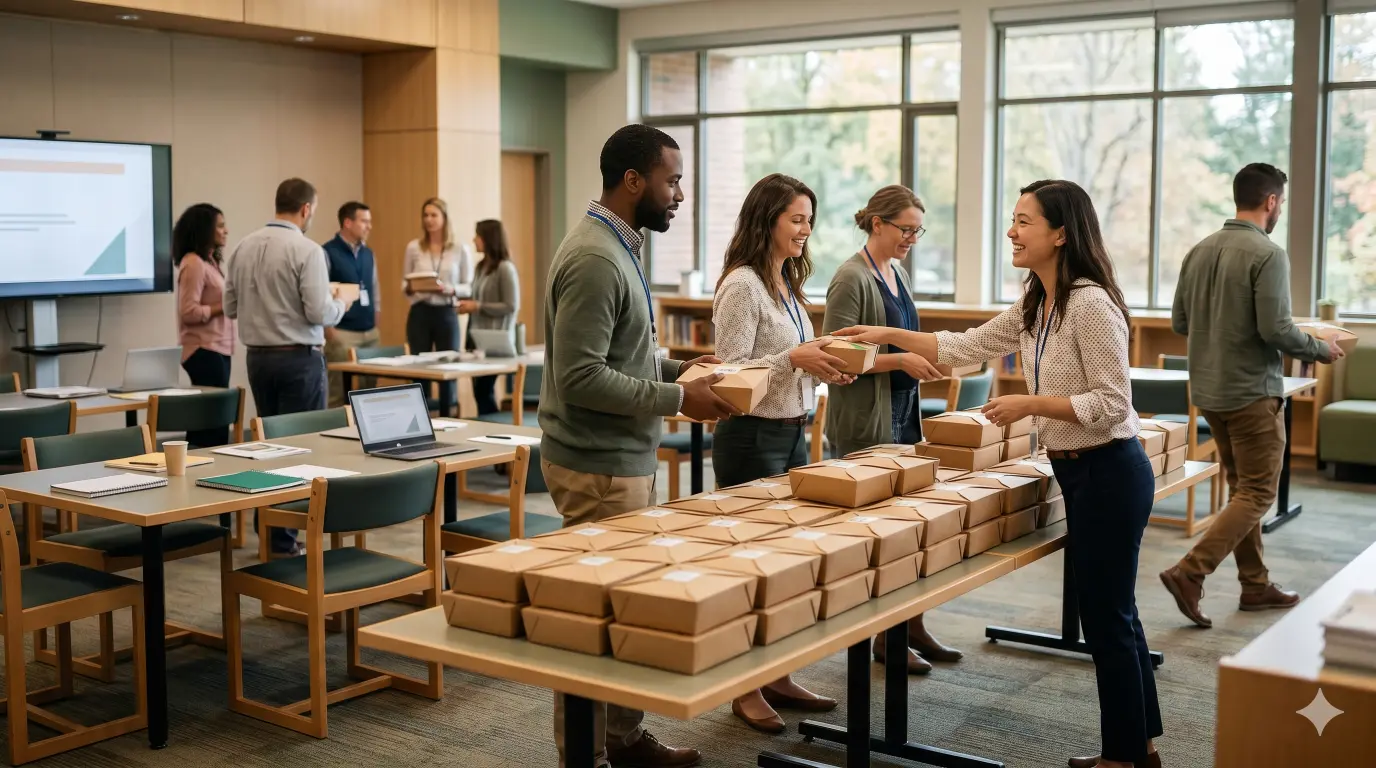 Plan school staff lunch catering for PD days with boxed lunches, dietary capture, staggered pickup, and smooth distribution for short lunch breaks.