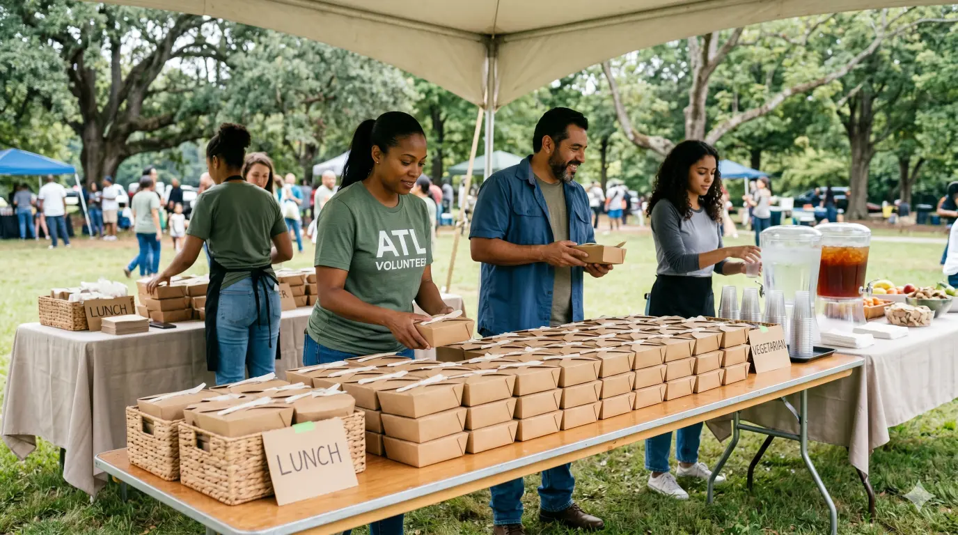 Home Plan volunteer day catering for 80 people with boxed lunches, dietary handling, staging tips, cleanup planning, and mission-aligned Atlanta catering.